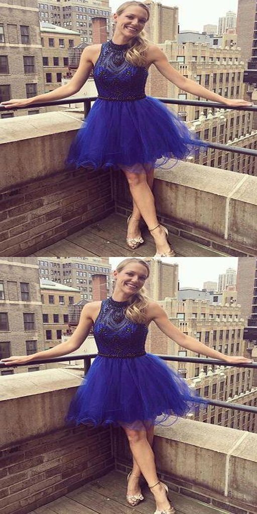 Royal Blue Short Beading Homecoming Dresses With Halter Neckline, Affordable Homecoming Dresses CD597