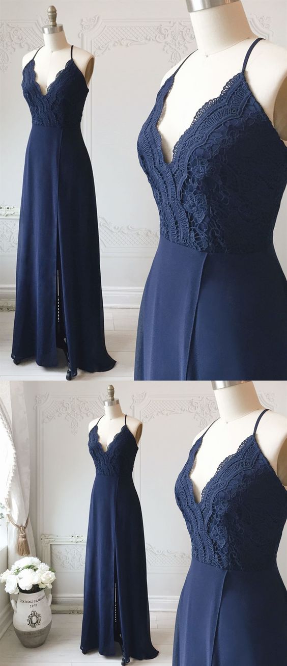 Spaghetti Straps Floor Length Navy Blue Lace Prom Dresses, Navy Blue Lace Formal Evening Bridesmaid Dresses CD680