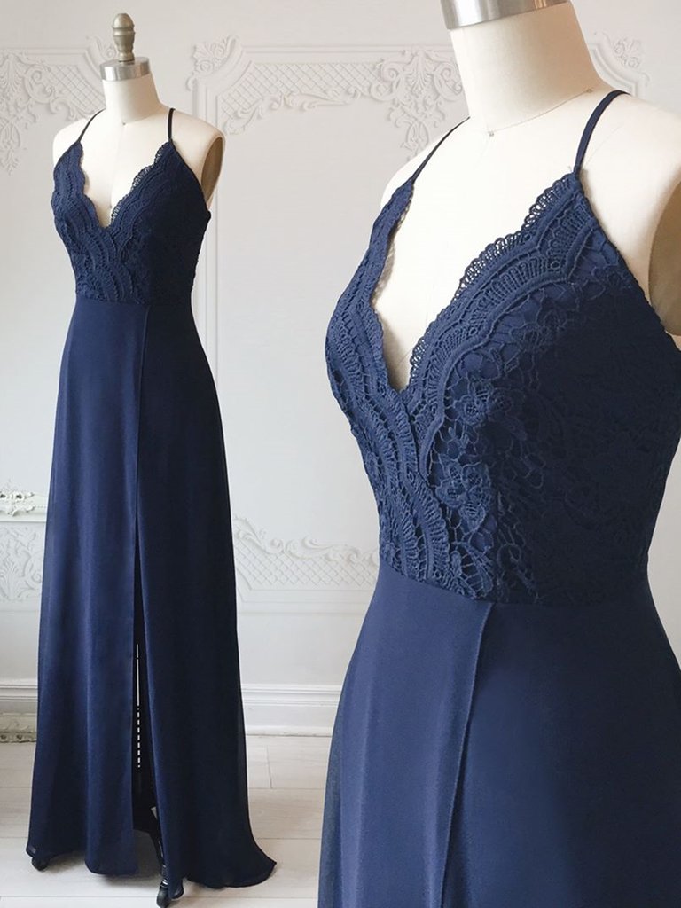 Spaghetti Straps Floor Length Navy Blue Lace Prom Dresses, Navy Blue Lace Formal Evening Bridesmaid Dresses CD680