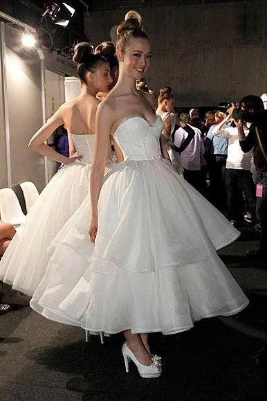 A Line Strapless Sweetheart Organza Tea Length Wedding Dresses, Prom Dresses CD7319