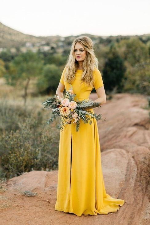 Yellow Split Slit Long Bridesmaid Dress, A Line Bridesmaid Dresses, Formal prom Party Gown CD7485