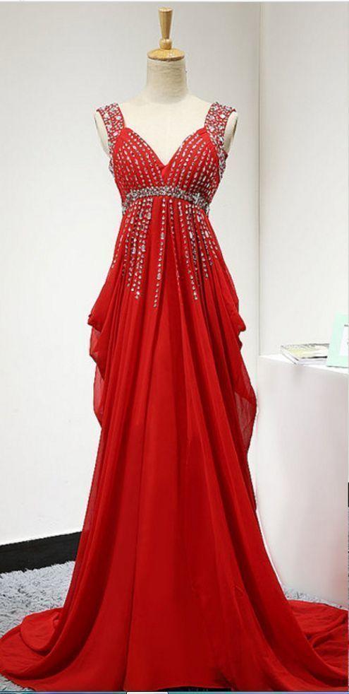 Red Backless Prom Dress, Long Elegant Chiffon Ruched Bridesmaid Dresses CD7725