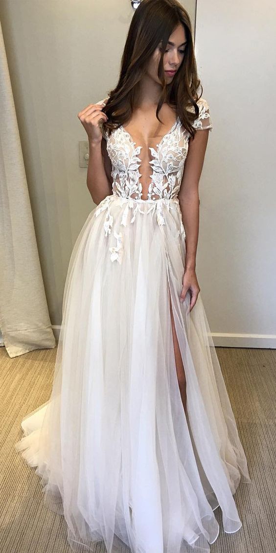 Cap Sleeve Deep V-neck Prom Dress With Appliques Sexy Split Wedding Dresses CD8006