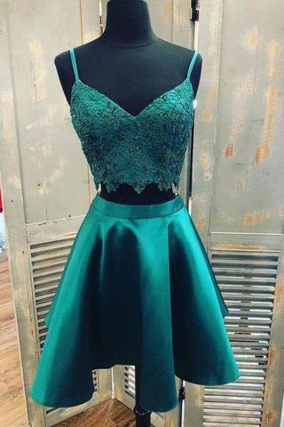 Teal Two Piece Satin Homecoming Dresses With Lace Spaghetti Strap Graduation CD8105