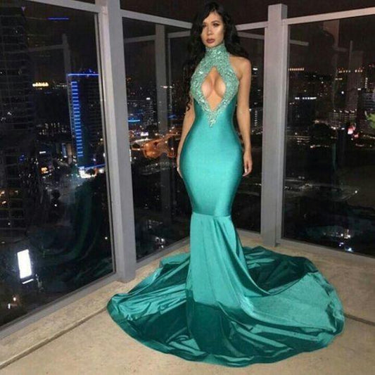 Plus Size Prom Dresses, Sexy Elastic Satin Mermaid Jade High Neck Key Hole Long Prom Dresses CD8179