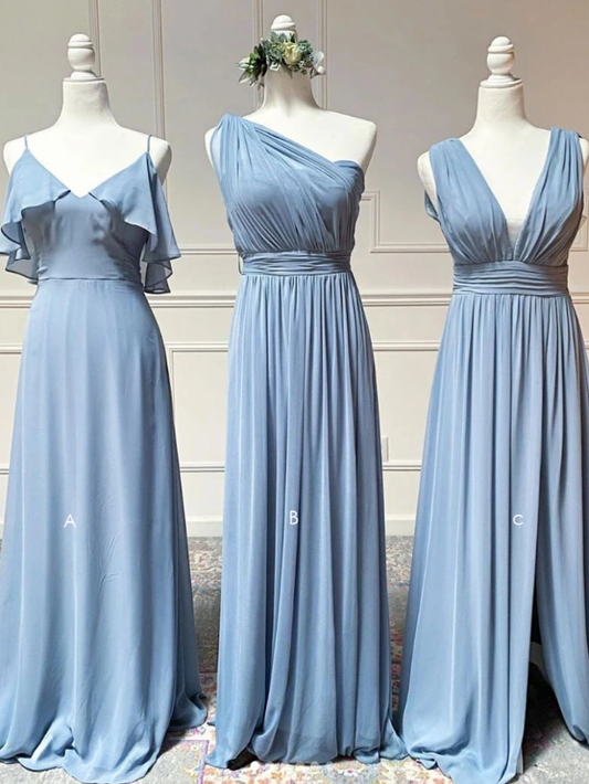 Simple blue chiffon long prom dress blue chiffon bridesmaid dress CD8773