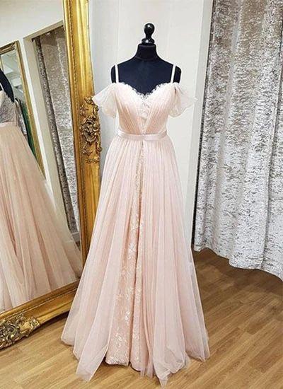 Sweetheart blush pink tulle long customize prom dress, long lace bridesmaid dresses CD8857