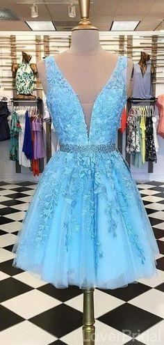 V Neck Blue Lace Short Cheap Homecoming Dresses CD9038