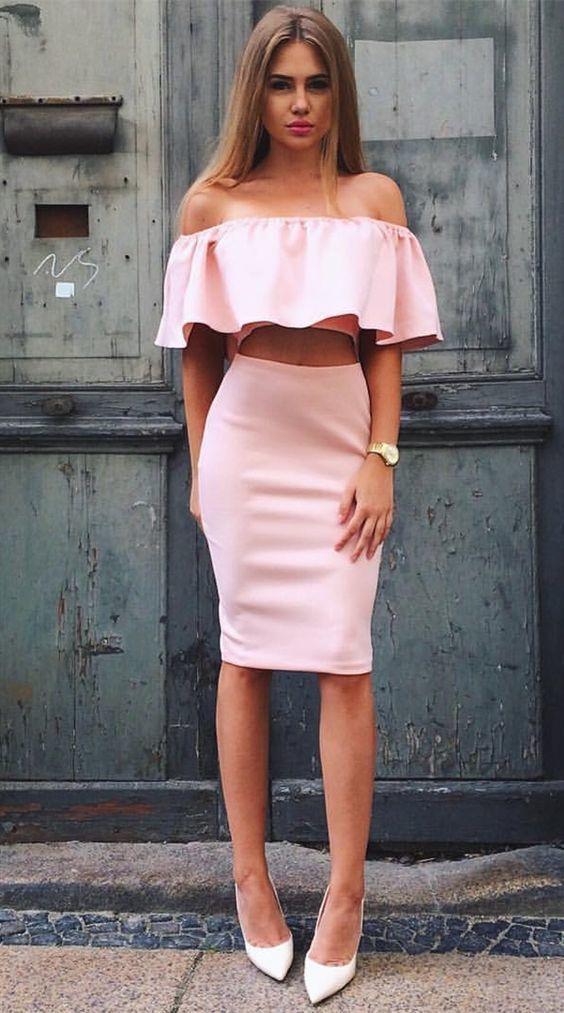 Two Piece Off-the-Shoulder Knee-Length Pink Homecoming Dress with Ruffles CD916