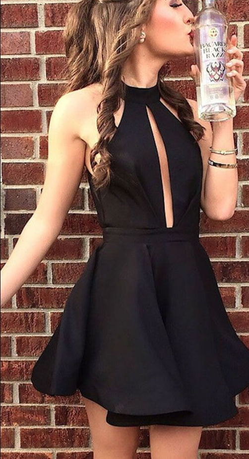 Chic Black Satin Sleeveless A line Knee Length Homecoming Dress CD930