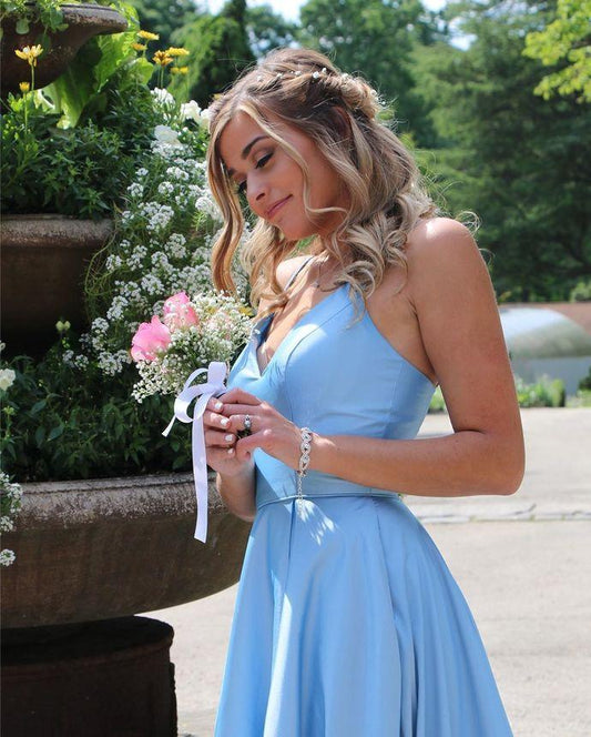 Sexy V Neck Straps Blue Long Bridesmaid Dress with Pockets, Sleeveless A Line Prom Dress CD9354