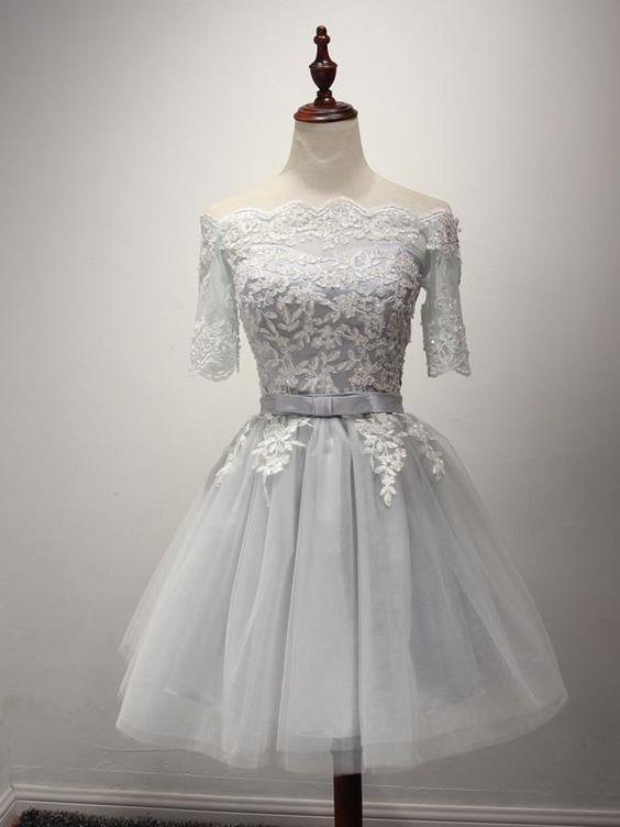 Gray Short Lace Dress Cute A-line Homecoming Dresses Party Dresses CD9369