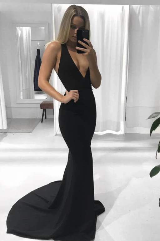 Mermaid v neck prom dress black evening dress CD9499