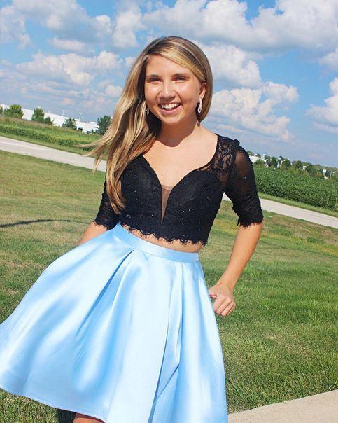 Two Piece Black and Light Sky Blue Short Homecoming Dress CD9552