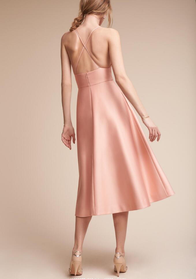 sexy deep v neck pink satin short bridesmaid prom dress CD9772