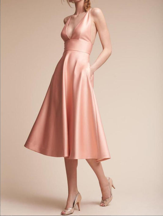 sexy deep v neck pink satin short bridesmaid prom dress CD9772