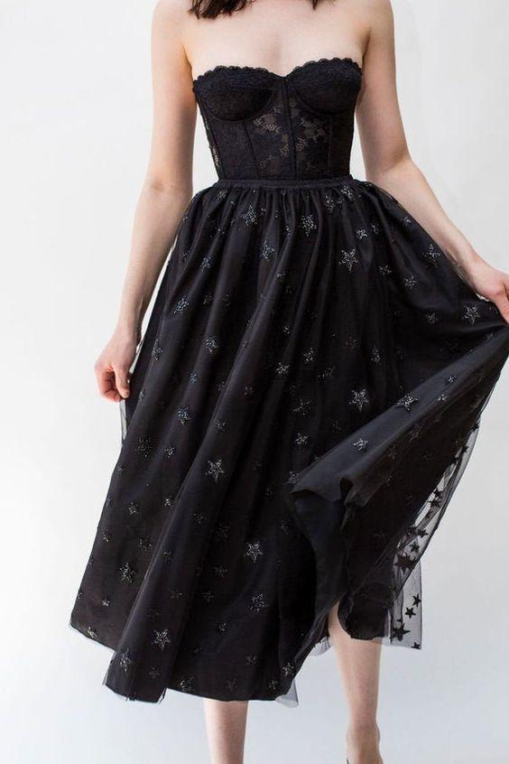 Black Tulle Tea Length Homecoming Dress With Starts CD9833