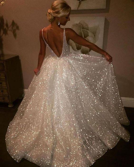 Sequins V-Neck Ivory Backless A-Line Sleeveless Elegant Plus Size Prom Dresses