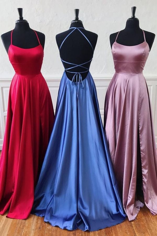 2024 Newly A Line Side Slit Royal Blue Halter Backless Lace Up Prom Dresses