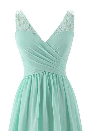 Mint Green V Neck Long Bridesmaid Dress with Lace, Simple Pleated Long Bridesmaid Dress N1855