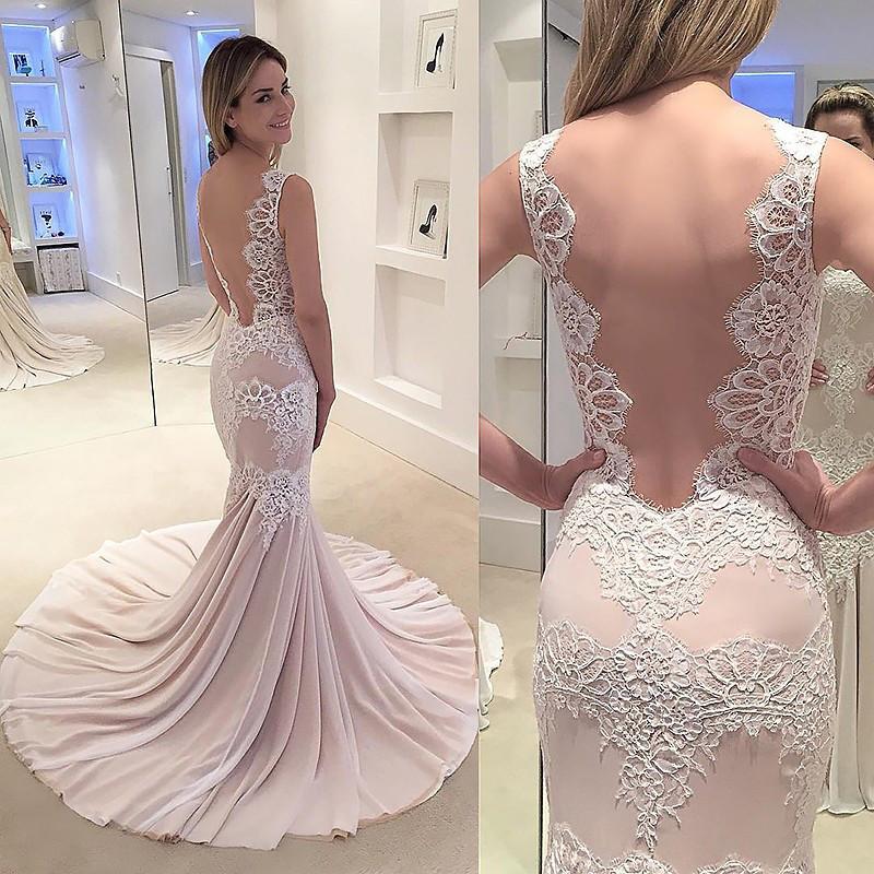 Mermaid Wedding Dress,Appliqued Sleeveless Wedding Gown,Chiffon Sexy Backless Bridal Dress,N126