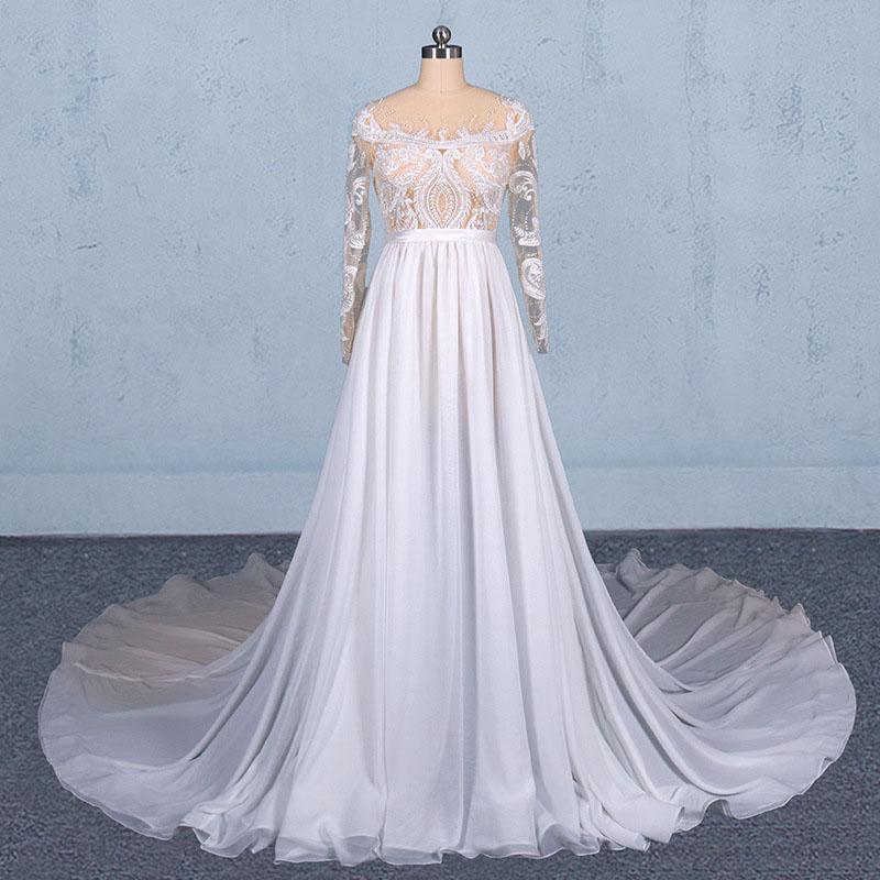 White Long Sleeves Chiffon Wedding Dress with Appliques, Gorgeous Long Bridal Dress N2354