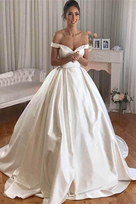 Simple Princess Ivory Ball Gown Sweetheart Satin Off the Shoulder Wedding Dresses