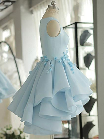 Sky Blue Homecoming Dress,A-line Satin Organza Short Flowers Original Prom Dresses,Mini Dress,N131