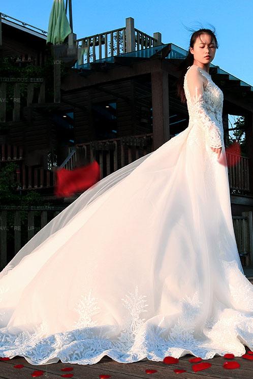 Gorgeous Long Sleeves Long Wedding Dresses, V Neck Long Bridal Dresses N2288