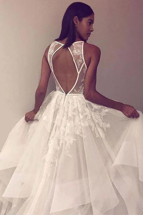 A Line Sleeveless Tulle Prom Dress with Lace Appliques, Cheap Beach Wedding Dress N2443