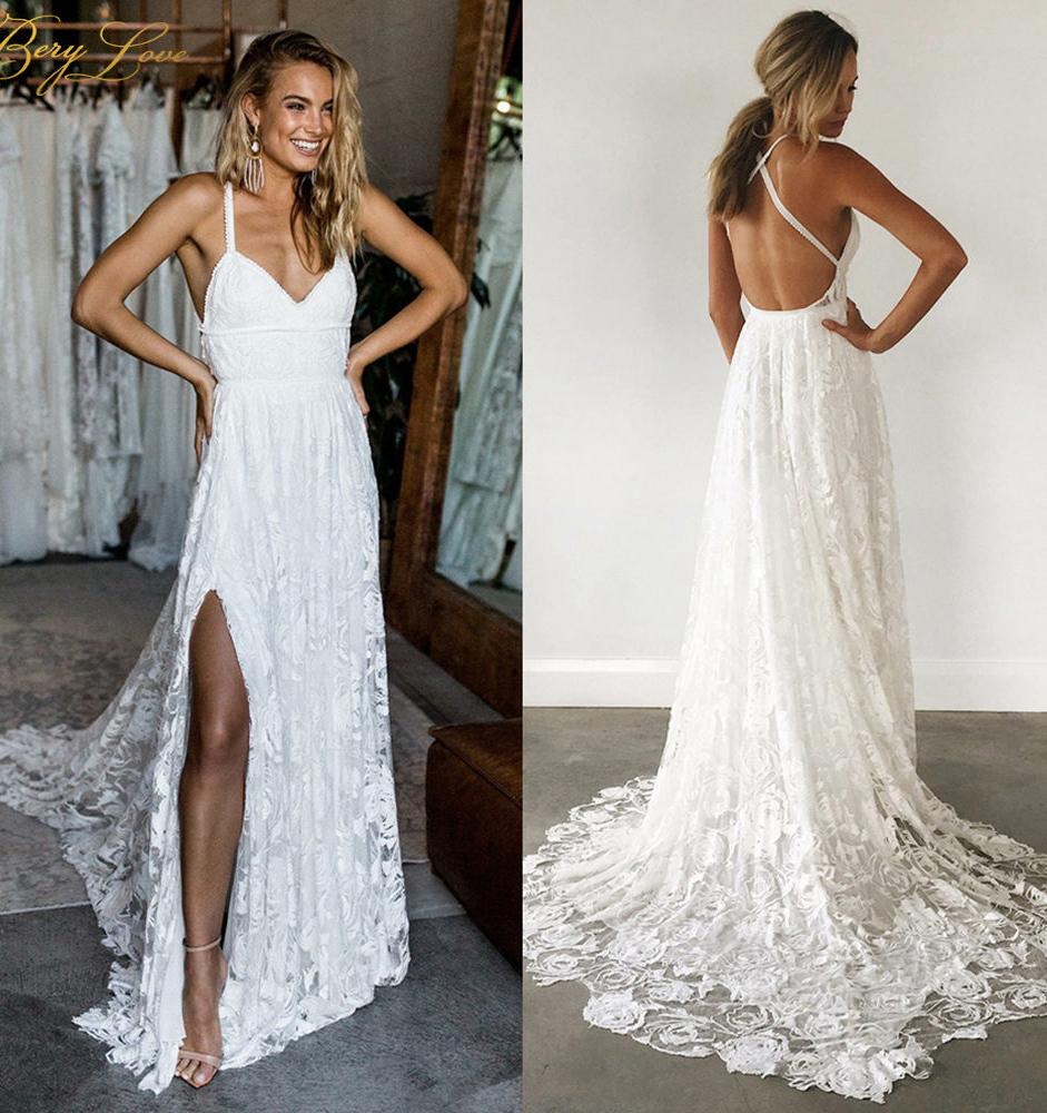 Straps Long Lace Wedding Dresses, Charming Lace Beach Wedding Dresses N2274