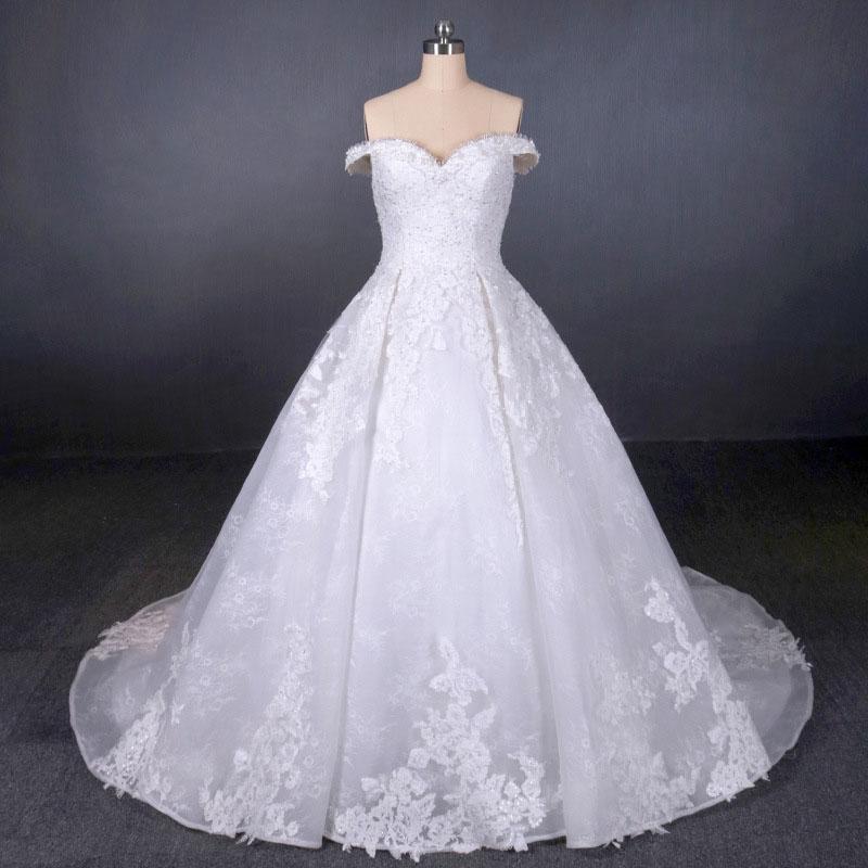 Ball Gown Off Shoulder Appliques Wedding Dresses, Puffy Lace Appliqued Bridal Dress N2352