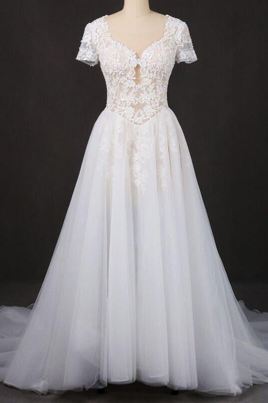 Puffy Short Sleeves Tulle Bridal Dress with Lace Appliques, Long Train Wedding Dress N2294