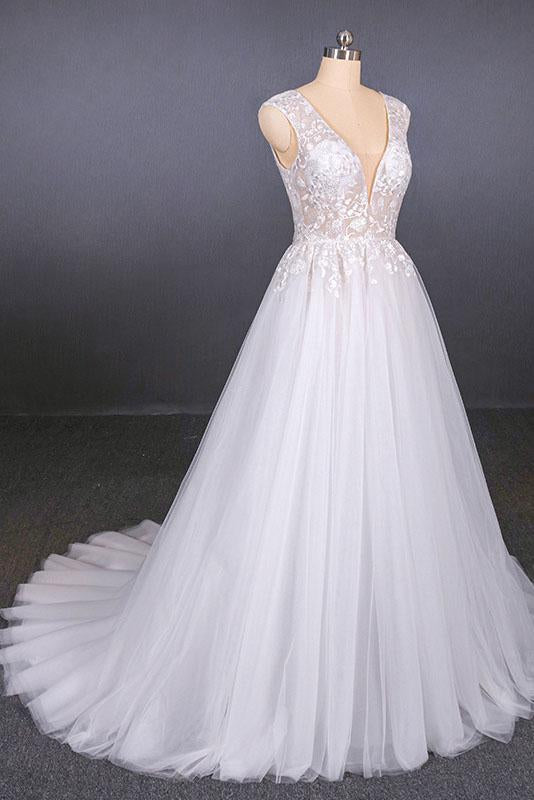 Sexy V Neck Tulle Wedding Dress with Lace Appliques, A Line Backless Bridal Dress N2287