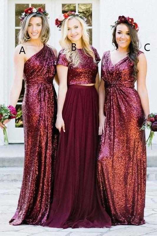 Shiny Burgundy Sequins Bridesmaid Dresses Long Mismatched Bridesmaid Dresses N2075