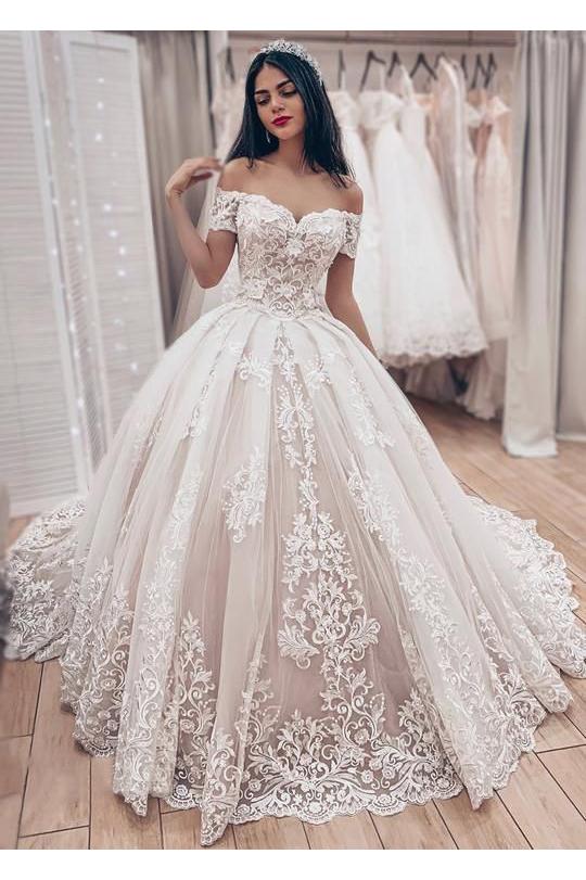 Ball Gown Off the Shoulder Wedding Dress with Lace Appliques, Gorgeous Bridal Dress N1812