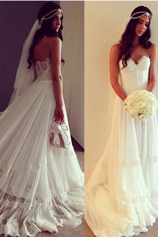 Boho Sweetheart Lace Appliques A Line Ivory Wedding Dress, Beach Wedding Dress N2087