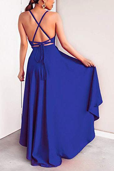 Sexy V Neck Asymmetrical Blue High Low Criss Cross Prom Dresses Evening Dresses