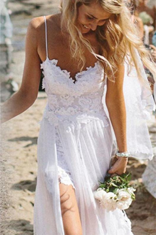 Spaghetti Straps White Lace Chiffon Backless Beach Wedding Gowns,S12