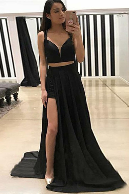 Sexy A Line V Neck Two Piece Sweetheart Cross Back Split Black Long Prom Dresses