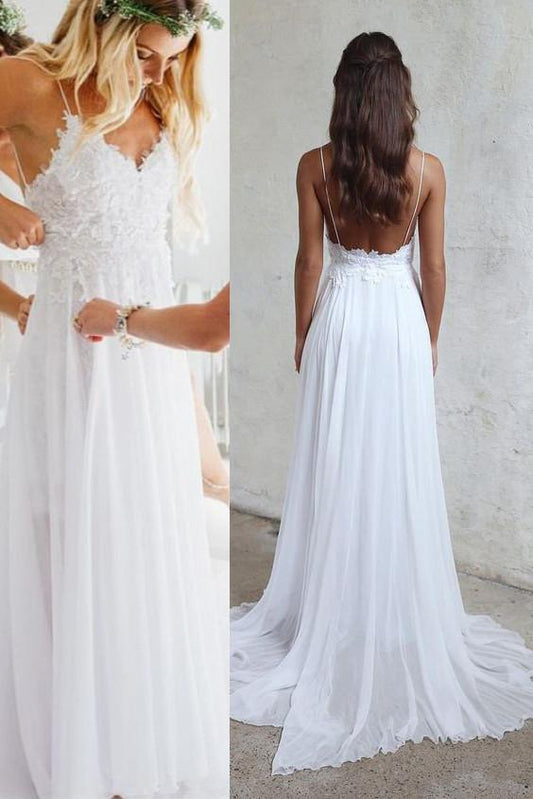 Spaghetti Strap V-neck White Chiffon Lace Appliqued Summer Beach Wedding Dresses,Bridal Dress,N157