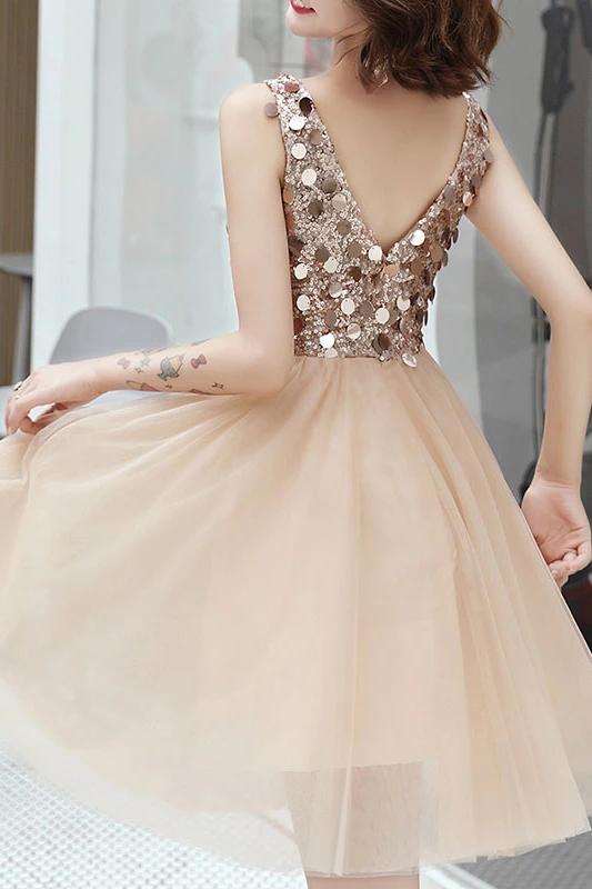 Sparkly V Neck Short Tulle Homecoming Dress, Shiny Above Knee Graduation Dress N2140