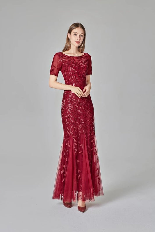 Elegant Mermaid Burgundy Tulle Prom Dresses Bateau Neck Long Evening Dresses XU90801