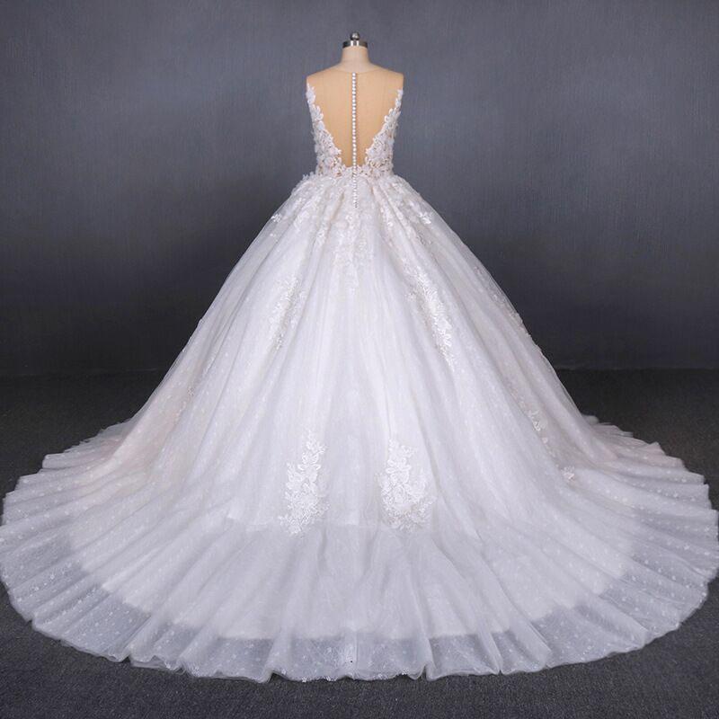 Ball Gown Sheer Neck Sleeveless White Wedding Dresses, Lace Appliqued Bridal Dress N2297