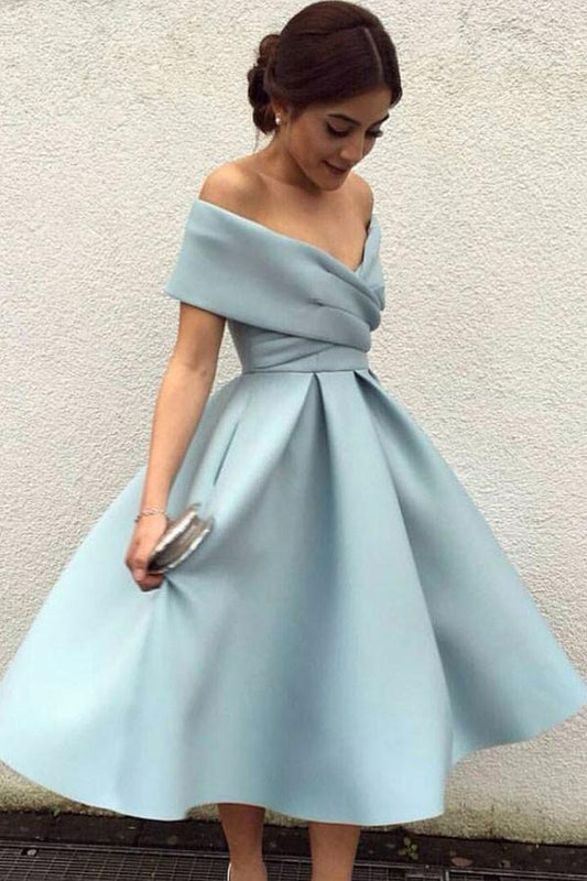 A-Line Off-the-Shoulder Tea-Length Sleeveless Homecoming Dress,Light Blue Satin Prom Dress,N184