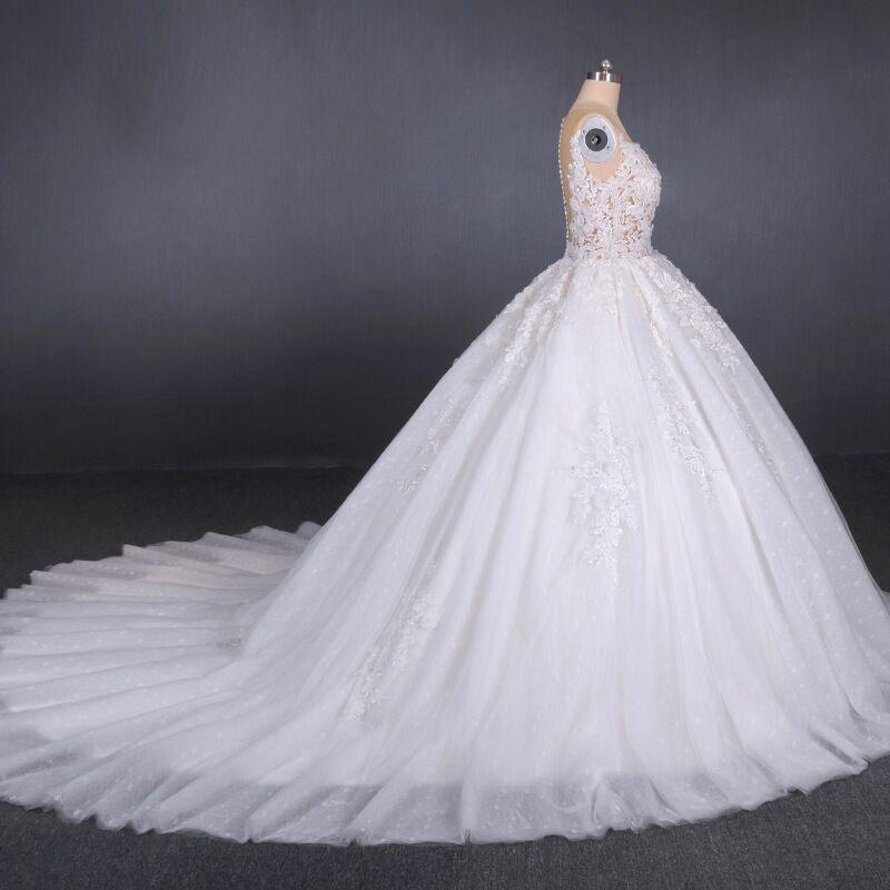 Ball Gown Sheer Neck Sleeveless White Wedding Dresses, Lace Appliqued Bridal Dress N2297