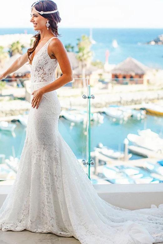 Romantic Deep V Neck Sleeveless Lace Wedding Dress, Mermaid Wedding Dresses with Train N2488