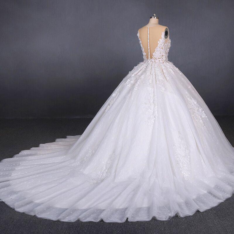 Ball Gown Sheer Neck Sleeveless White Wedding Dresses, Lace Appliqued Bridal Dress N2297