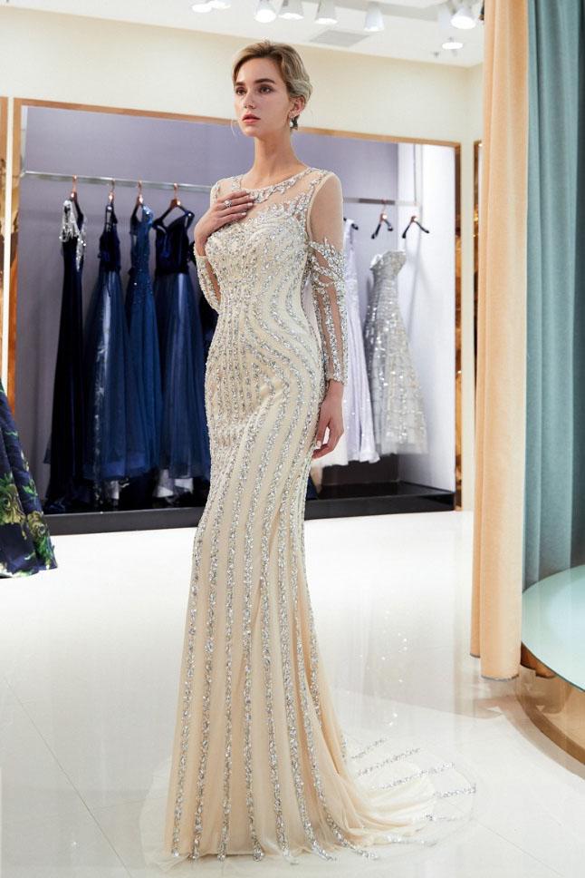 Beaded Evening Dresses Luxury Mermaid Crystal Sweep Train Long Sleeves Prom Dress N2280