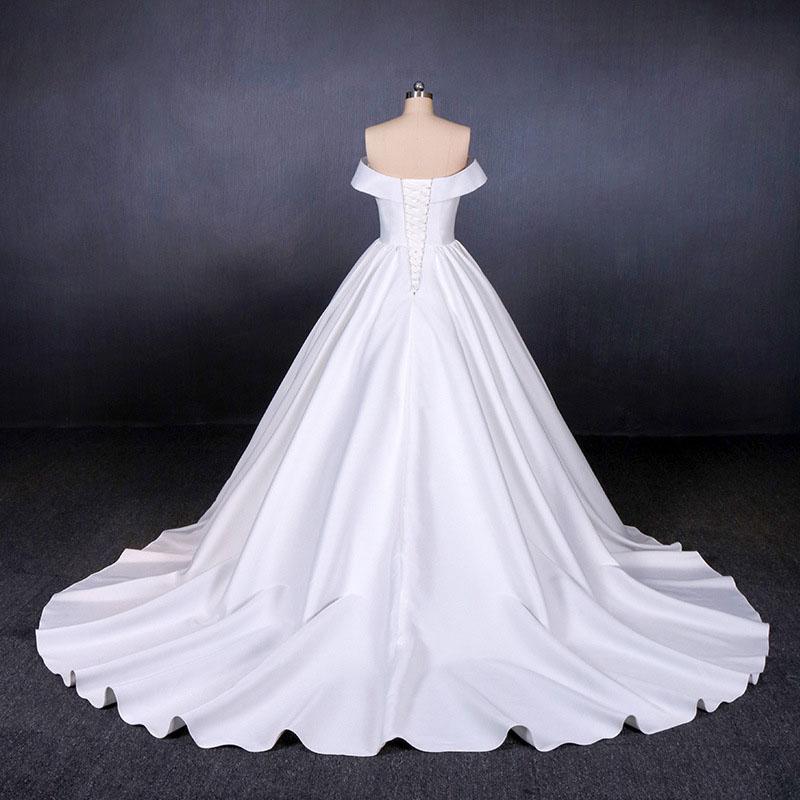 Puffy Off the Shoulder Satin Wedding Dress, Ball Gown Long Bridal Dress with Long Train N2286